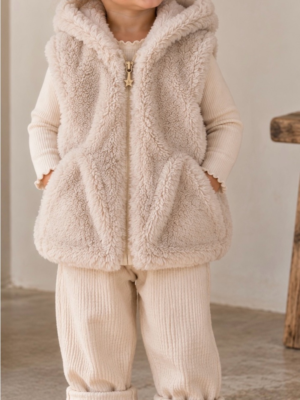 Toddler Girls 1.5–2Y Cream Faux Fur Hooded Vest Star Zip 86/92